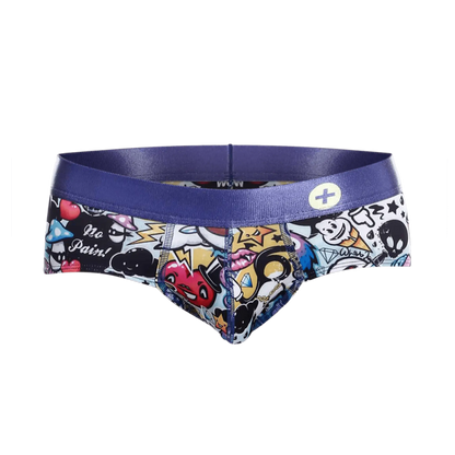 Purple waistband men’s hipster briefs with vibrant graffiti-style cartoon print featuring colorful characters and text