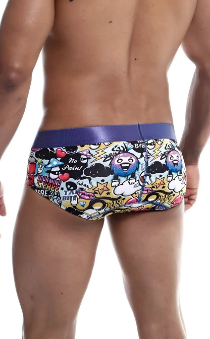 Malebasics hipster brief comics vibrant cartoon men’s swim trunks with purple waistband and multicolored graphics on yellow