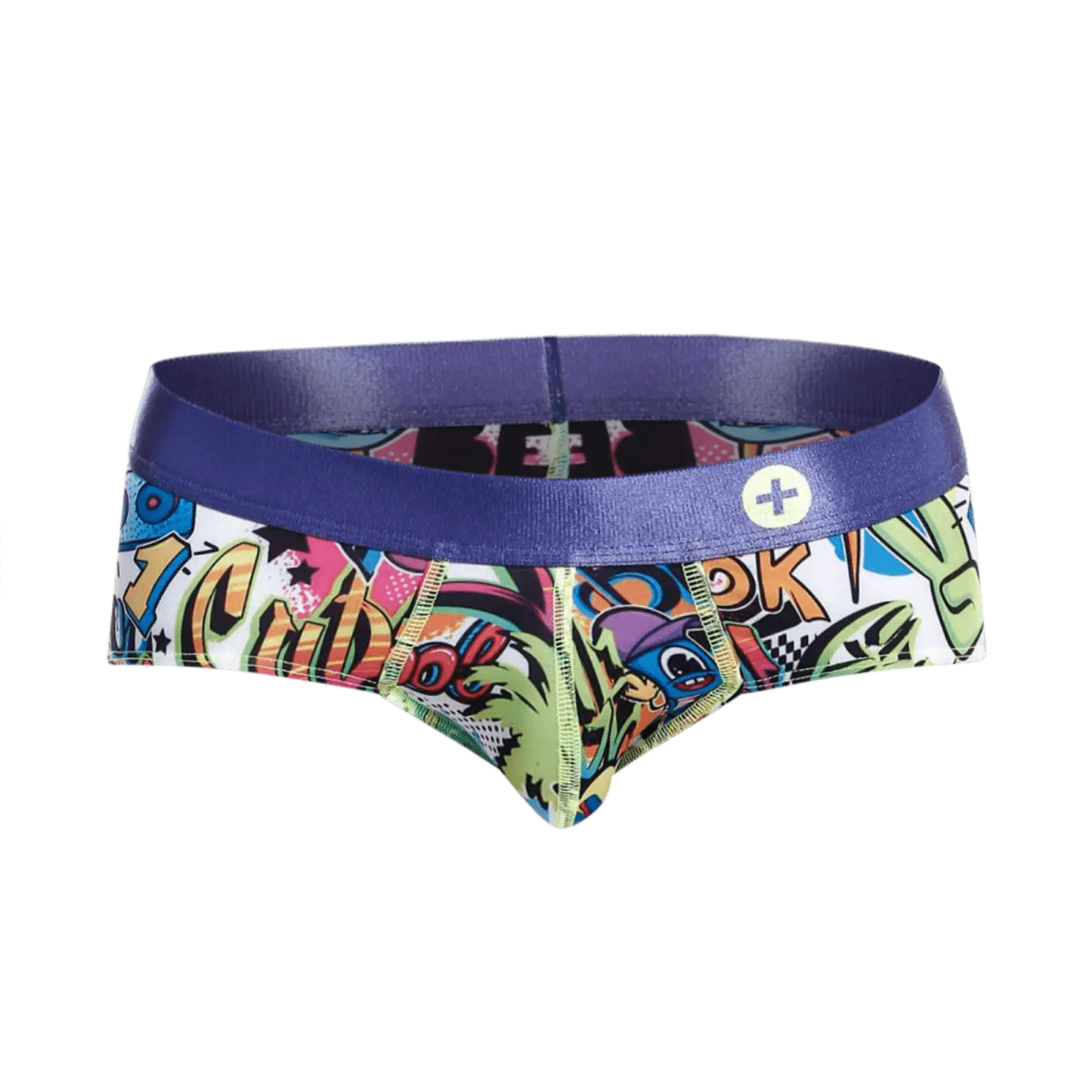 MaleBasics hipster brief comics vibrant cartoon print with bold purple waistband on white cotton blend fabric
