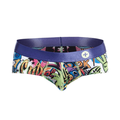 MaleBasics hipster brief comics vibrant cartoon print with bold purple waistband on white cotton blend fabric