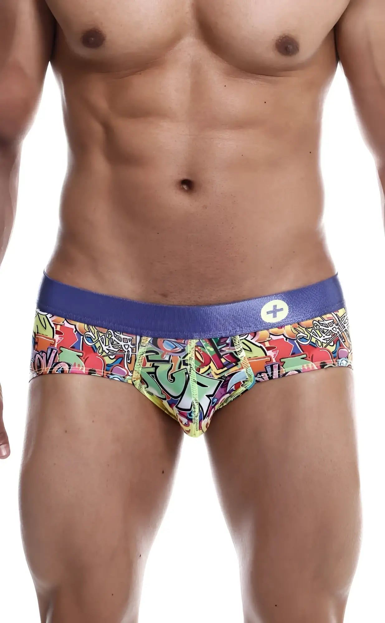 Malebasics hipster brief comics featuring vibrant graffiti pattern and solid blue waistband with white circular logo
