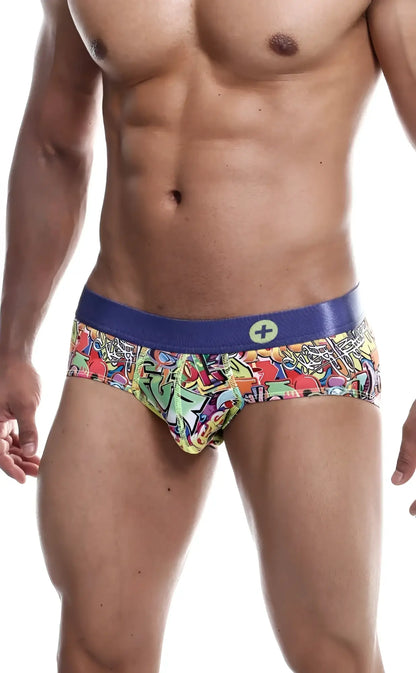 Malebasics hipster brief comics vibrant graffiti pattern with solid blue waistband and small circular logo front view
