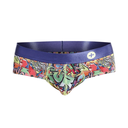 Malebasics hipster brief comics featuring vibrant graffiti pattern and solid purple waistband with white plus sign logo