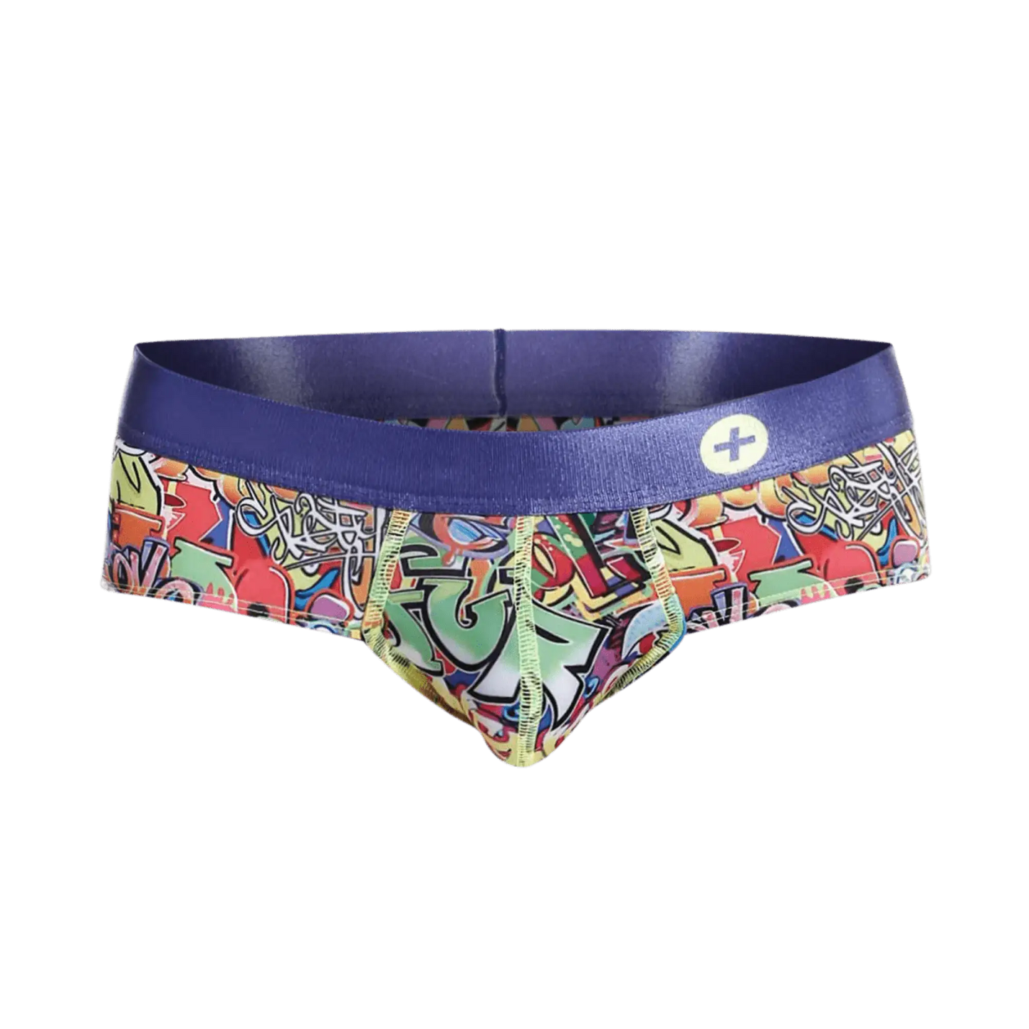 Malebasics hipster brief comics vibrant graffiti patterned men’s briefs with purple waistband and white plus sign logo