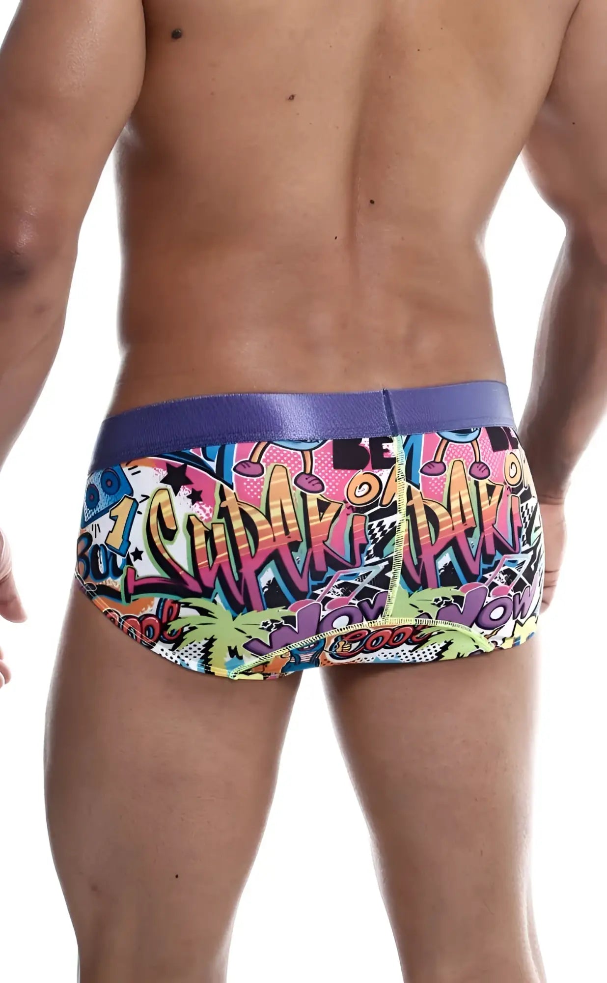 Malebasics hipster brief comics with vibrant graffiti pattern and bold purple waistband for comfortable wear