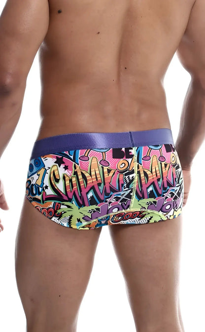 Malebasics hipster brief comics with vibrant graffiti pattern and bold purple waistband for comfortable wear