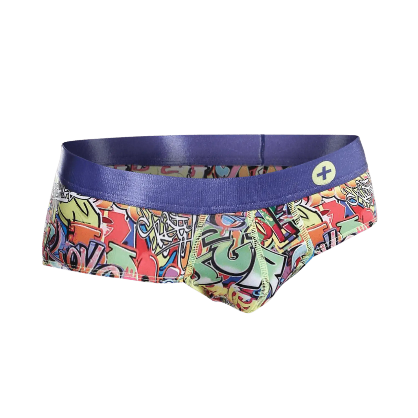 Malebasics hipster brief comics swim trunks with vibrant graffiti pattern purple waistband and neon yellow stitching