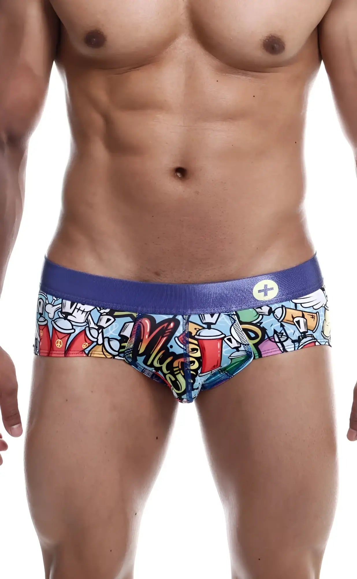 Malebasics hipster brief comics with vibrant graffiti-style print and bold purple waistband in colorful cotton blend