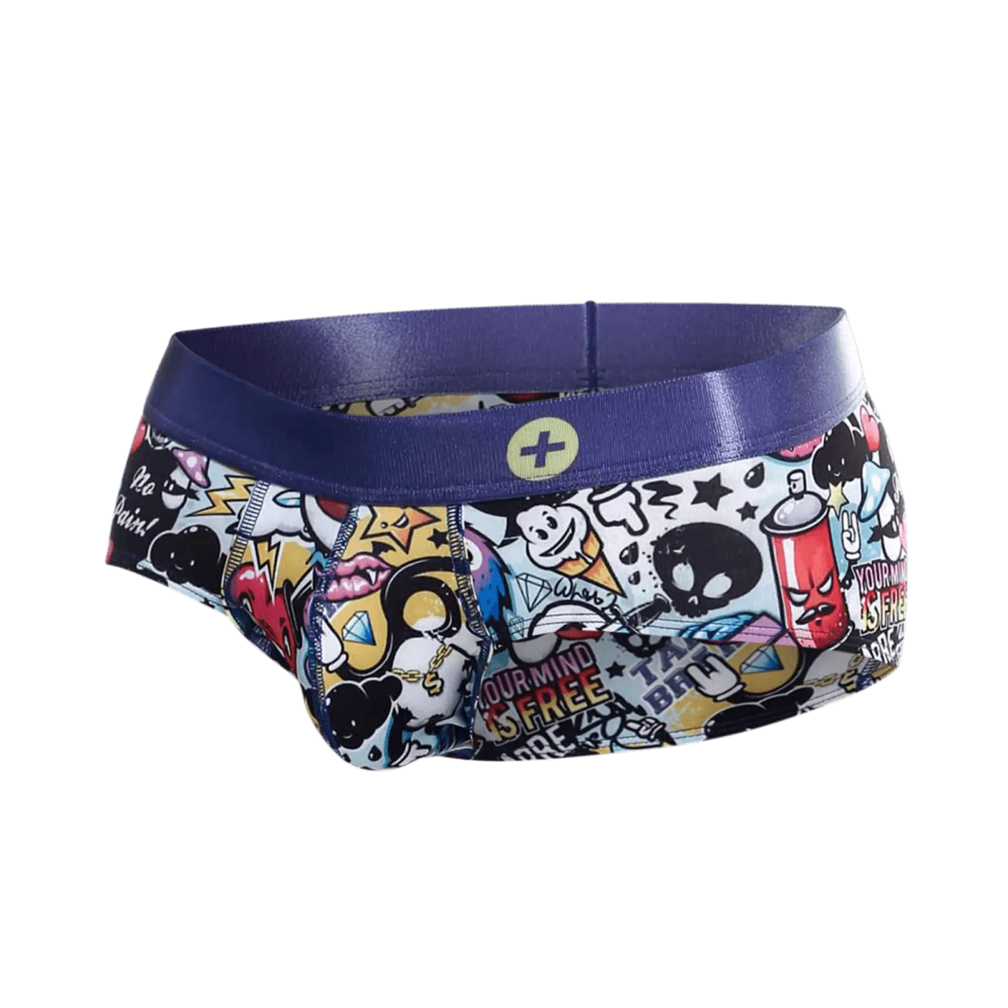 Malebasics hipster brief comics featuring vibrant graffiti-style cartoon prints with a bold purple elastic waistband
