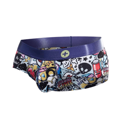 Malebasics hipster brief comics featuring vibrant graffiti-style cartoon prints with a bold purple elastic waistband