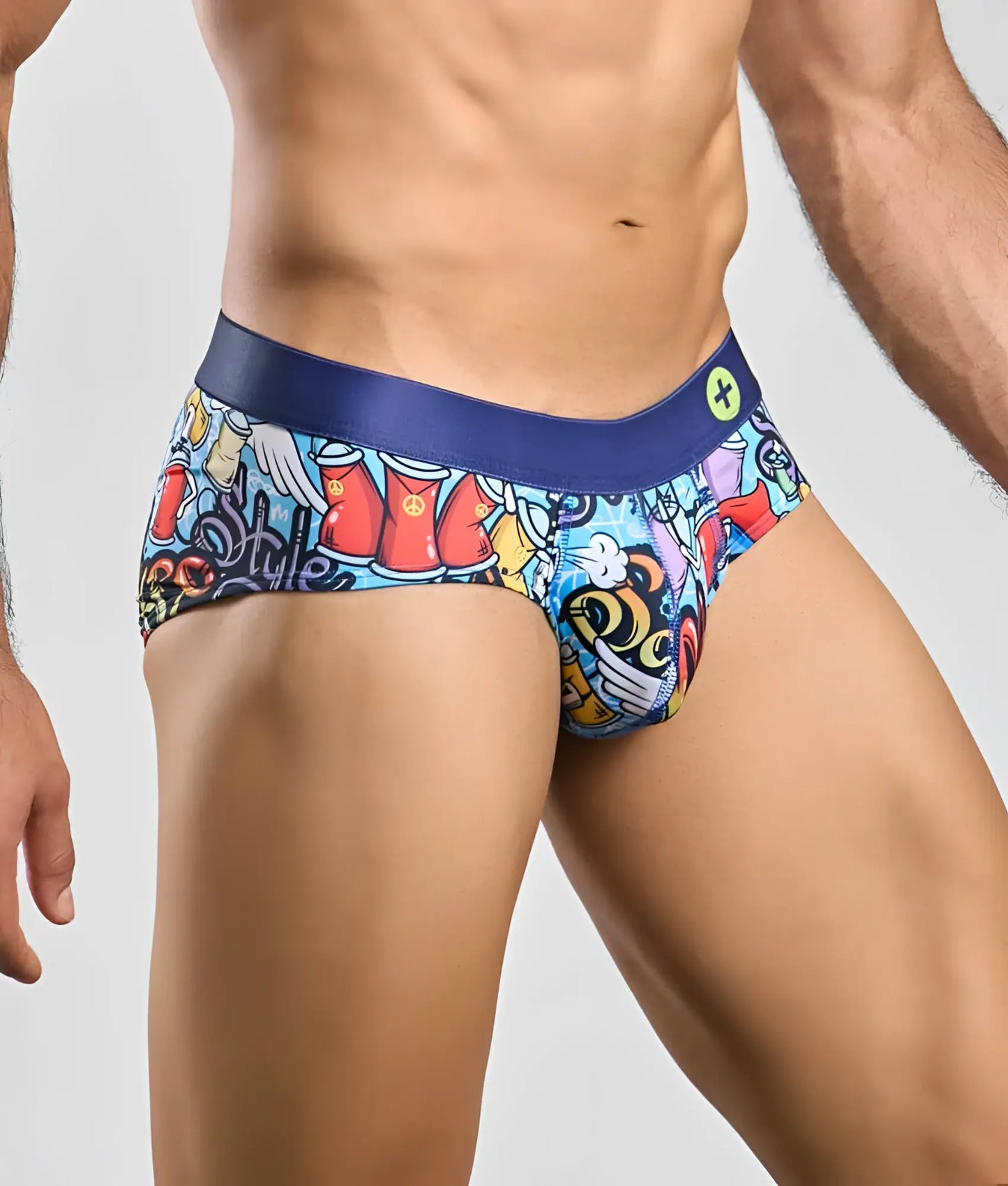 Malebasics hipster brief comics featuring vibrant graffiti-style colorful cartoon print with navy blue waistband
