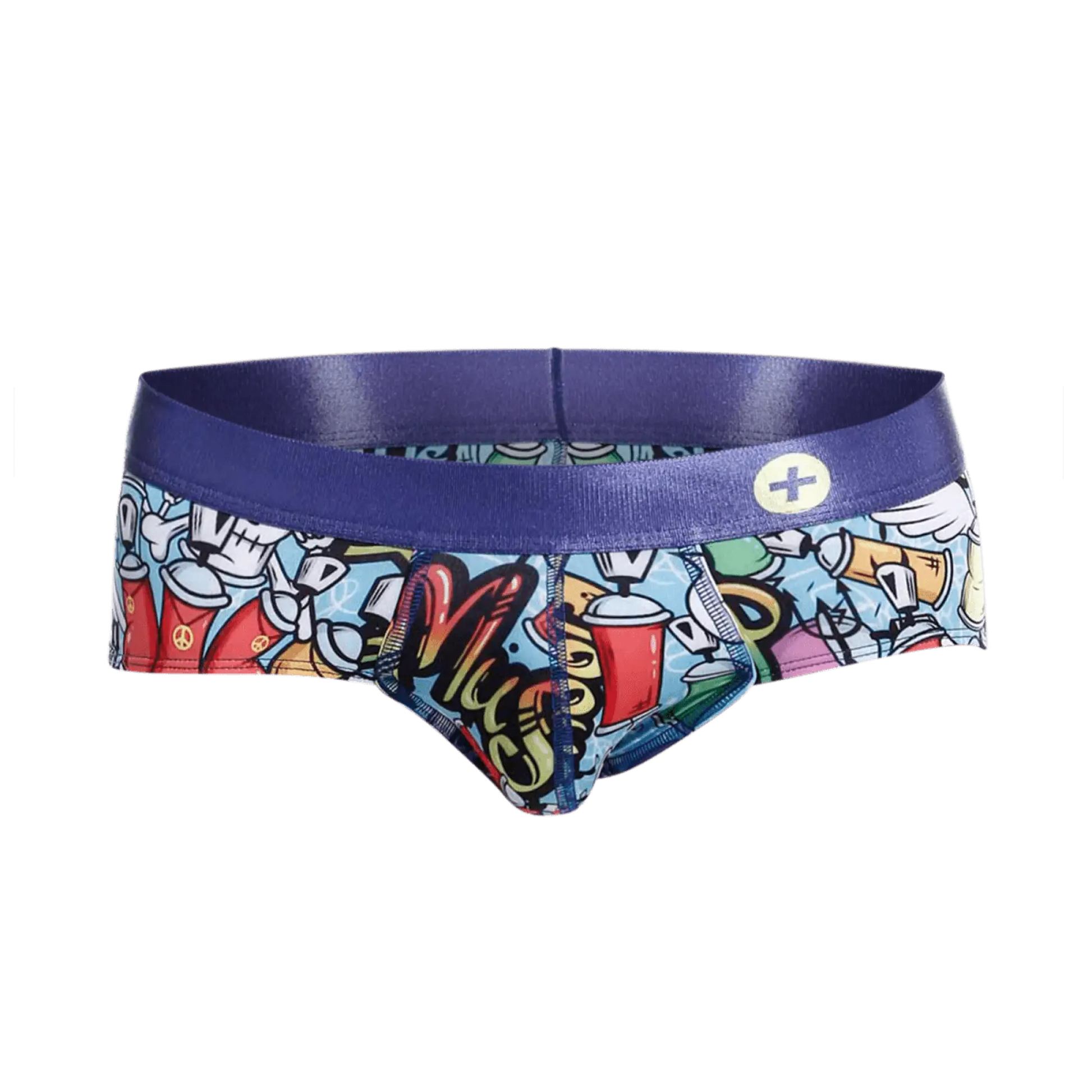 Vibrant malebasics hipster brief comics with bold blue waistband and colorful cartoon graffiti graphics on soft fabric