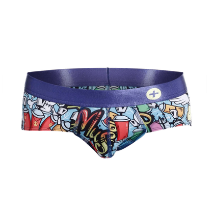 Vibrant malebasics hipster brief comics with bold blue waistband and colorful cartoon graffiti graphics on soft fabric