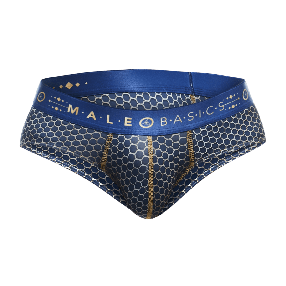 Male basics hipster brief in blue and silver honeycomb pattern with gold trim waistband for men