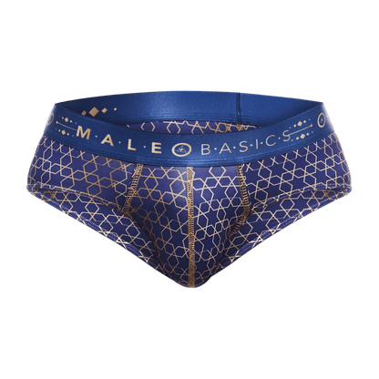 Male basics hipster brief in blue and gold patterned fabric with a branded waistband for comfortable everyday wear