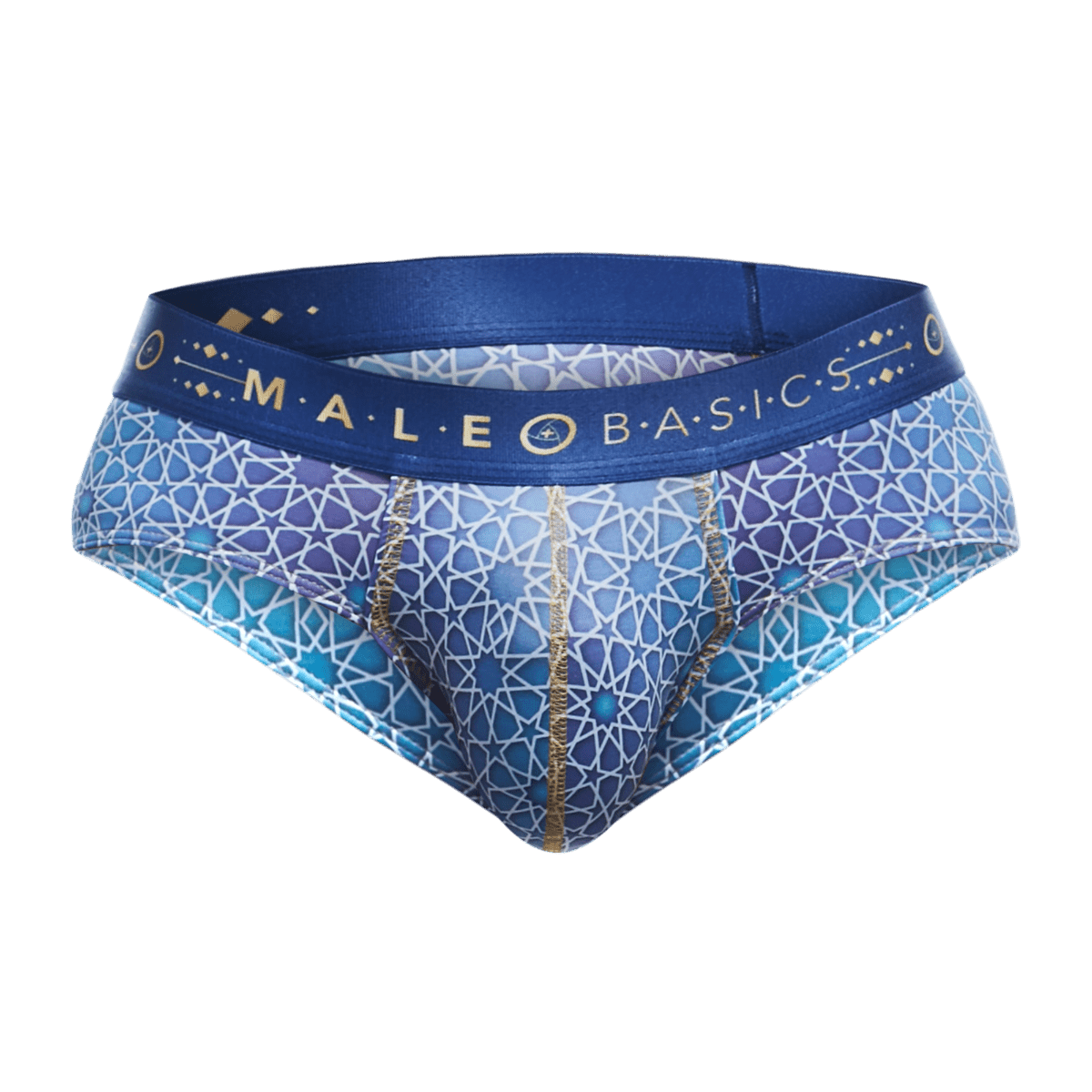MaleBasics hipster brief in blue and purple with gold geometric accents and branded waistband for men’s basics