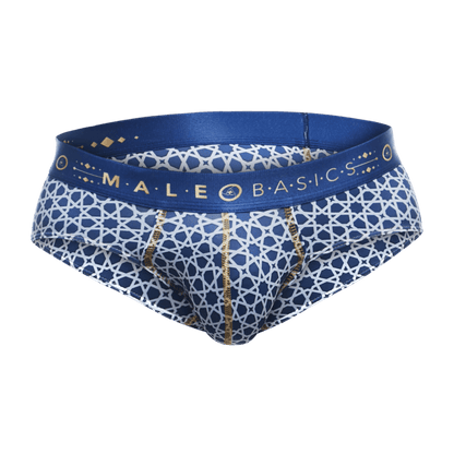 Malebasics hipster brief is a blue and white patterned men’s brief with gold trim and geometric design on waistband
