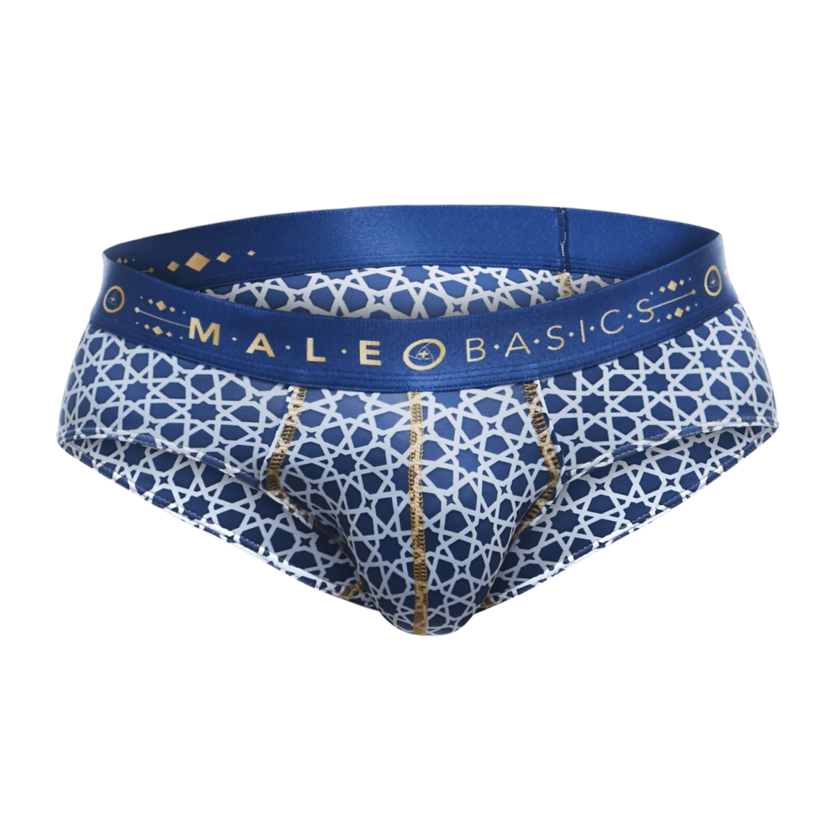 Malebasics hipster brief in blue and white geometric patterned fabric with gold trim and branded waistband