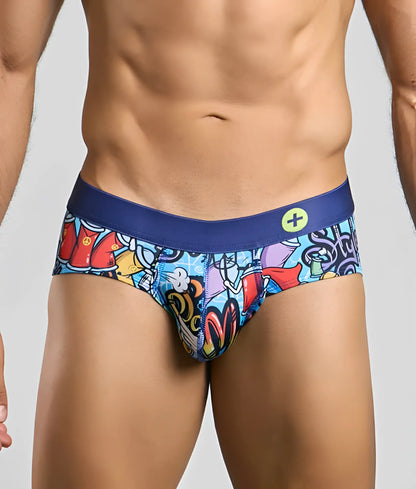 Malebasics hipster brief with vibrant graffiti print and navy blue waistband featuring a small yellow circular logo