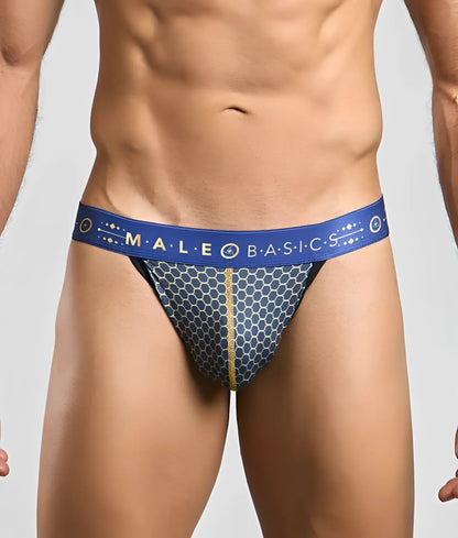 Malebasics hipster jockstrap in blue and gold honeycomb pattern with branded waistband and supportive design