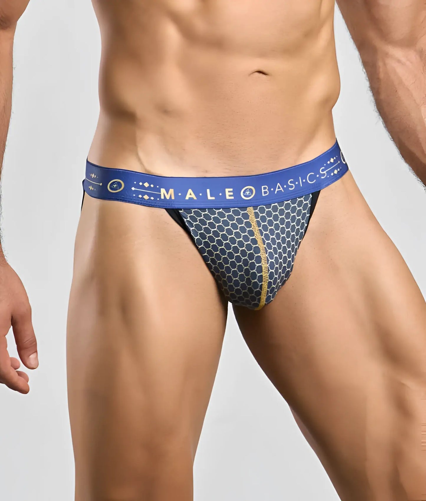 Malebasics hipster jockstrap briefs with blue and gold honeycomb pattern and branded elastic waistband