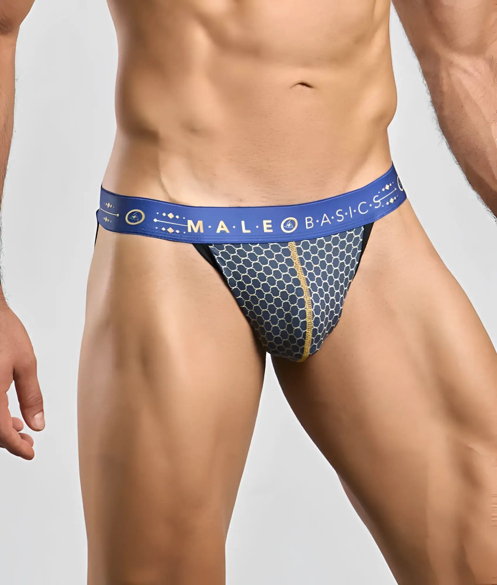 Malebasics hipster jockstrap briefs with blue and gold honeycomb pattern and branded elastic waistband