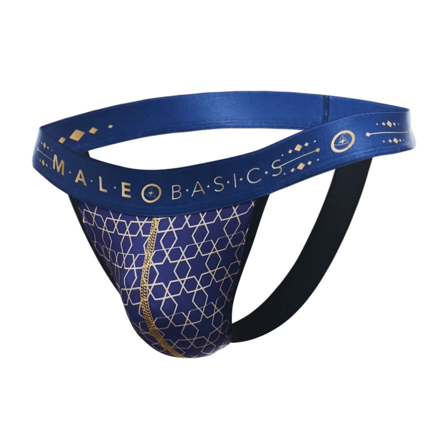 Malebasics hipster jockstrap briefs with blue and gold geometric patterned fabric for comfortable support