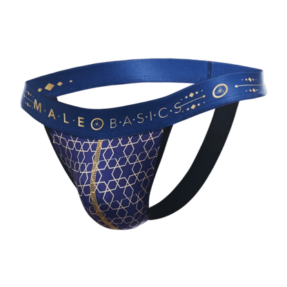 Malebasics hipster jockstrap briefs with blue and gold geometric pattern designed for comfortable daily wear