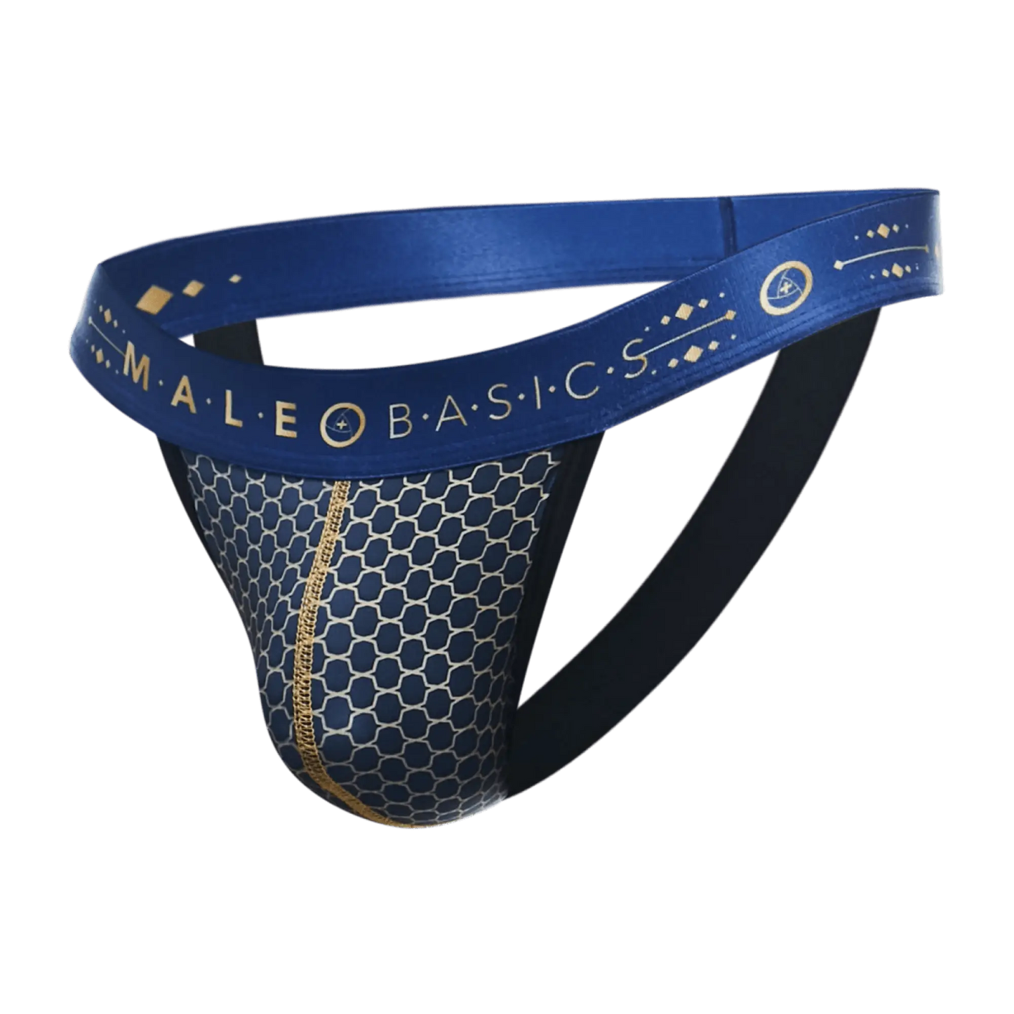 Malebasics hipster jockstrap in blue athletic briefs with honeycomb mesh pattern and gold trim front view