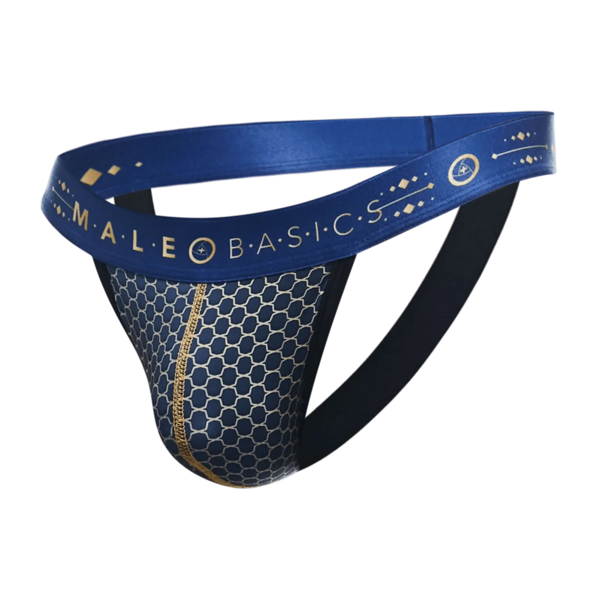Malebasics hipster jockstrap in blue athletic briefs with honeycomb mesh pattern and gold trim front view