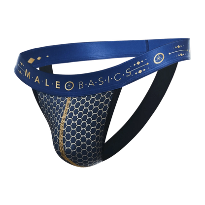 Malebasics hipster jockstrap in blue athletic briefs with honeycomb mesh pattern and gold trim front view