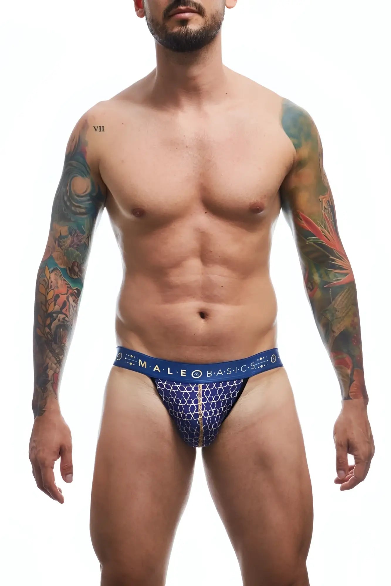 Malebasics hipster jockstrap in blue patterned fabric with geometric design and male basics waistband branding