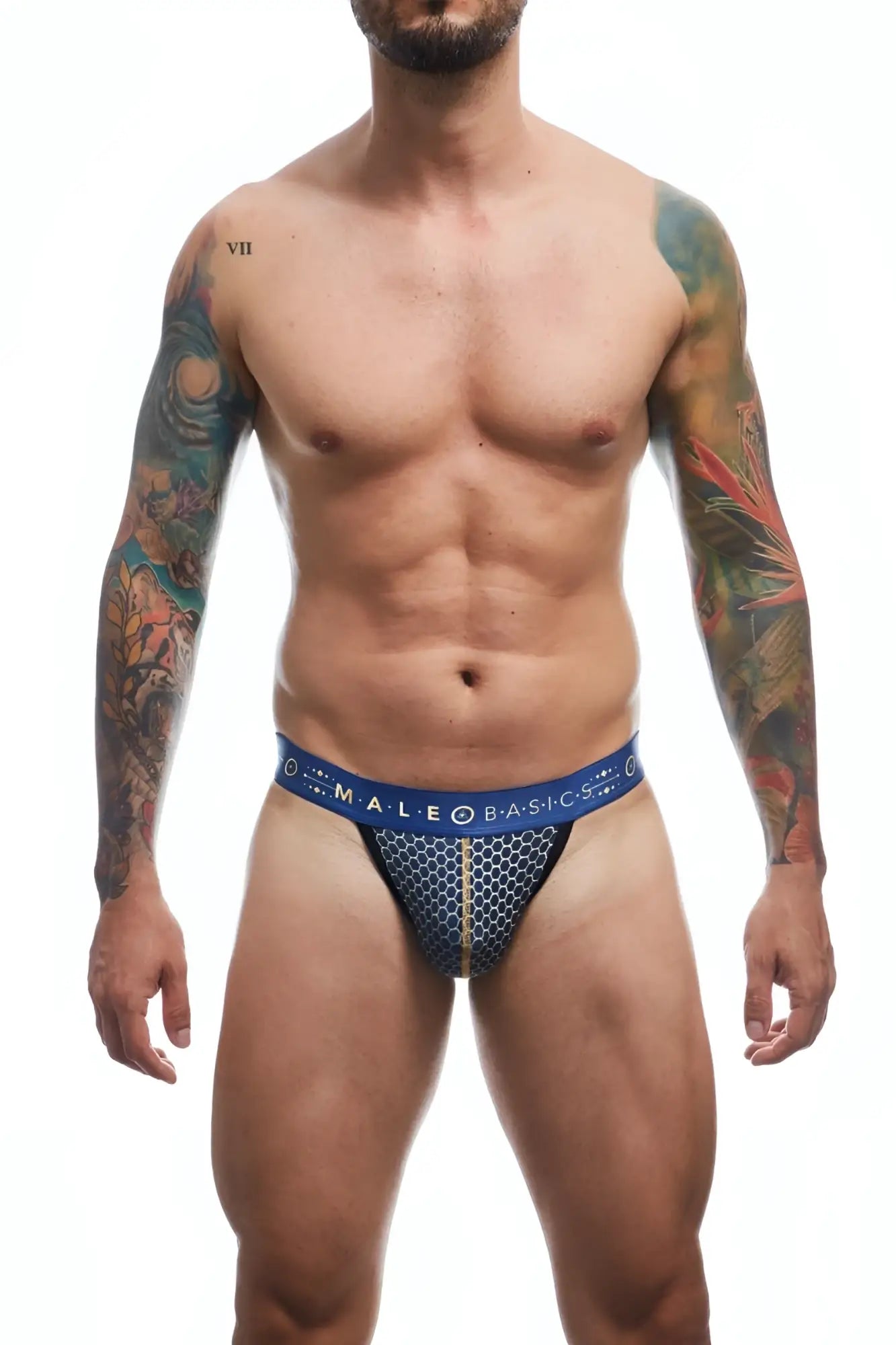 Malebasics hipster jockstrap in blue patterned fabric with honeycomb design and gold trim for men