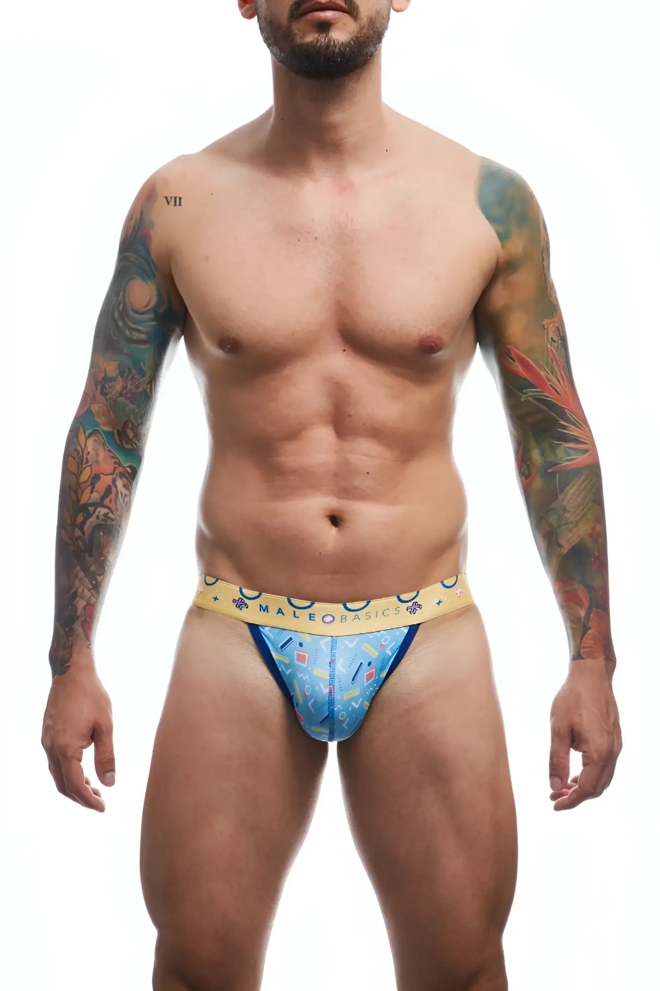 Blue patterned male basics hipster jockstrap briefs with a yellow waistband for comfortable everyday wear