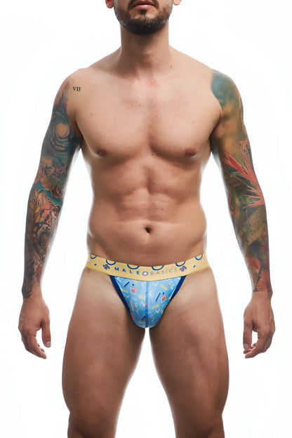 Blue patterned male basics hipster jockstrap briefs with a yellow waistband for comfortable everyday wear