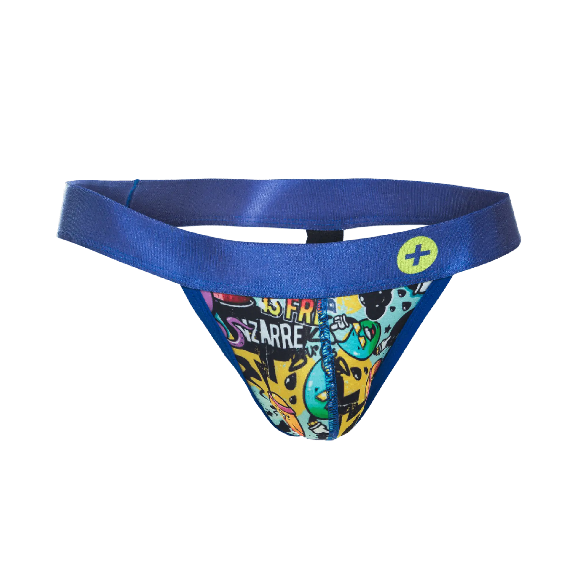 Malebasics hipster jockstrap blue thong with vibrant graffiti print in yellow black and teal colors visible from front
