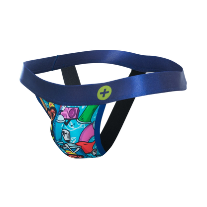 Blue malebasics hipster jockstrap with vibrant graffiti-style print featuring cartoon characters in pink green red and yellow