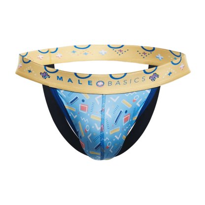 MaleBasics hipster jockstrap comics in blue and yellow patterned athletic briefs with geometric design front view