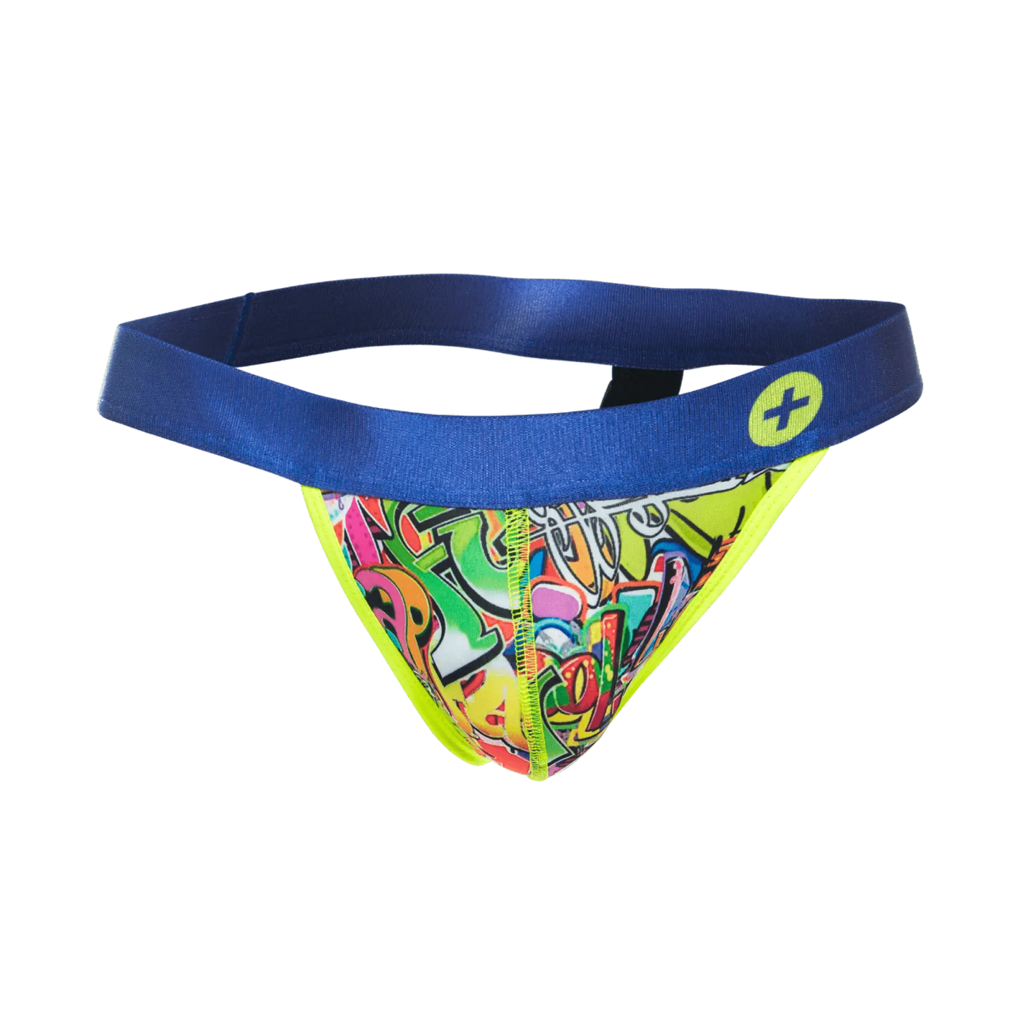 MaleBasics hipster jockstrap comics featuring vibrant graffiti patterns with bold blue waistband and neon yellow trim