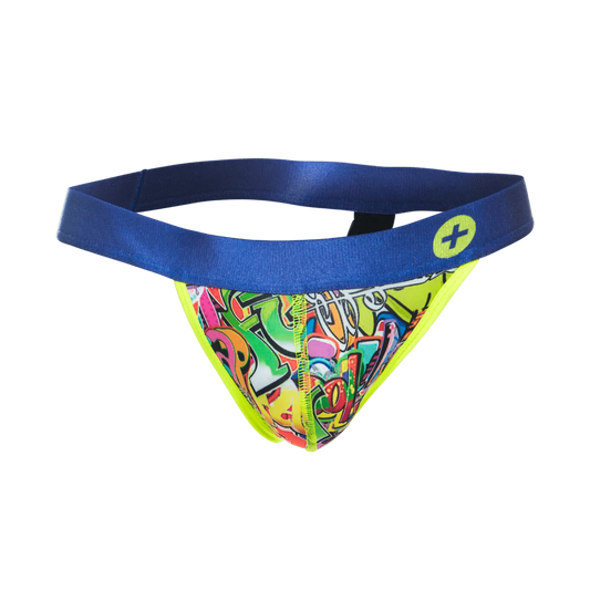 MaleBasics hipster jockstrap comics featuring vibrant graffiti patterns with bold blue waistband and neon yellow trim