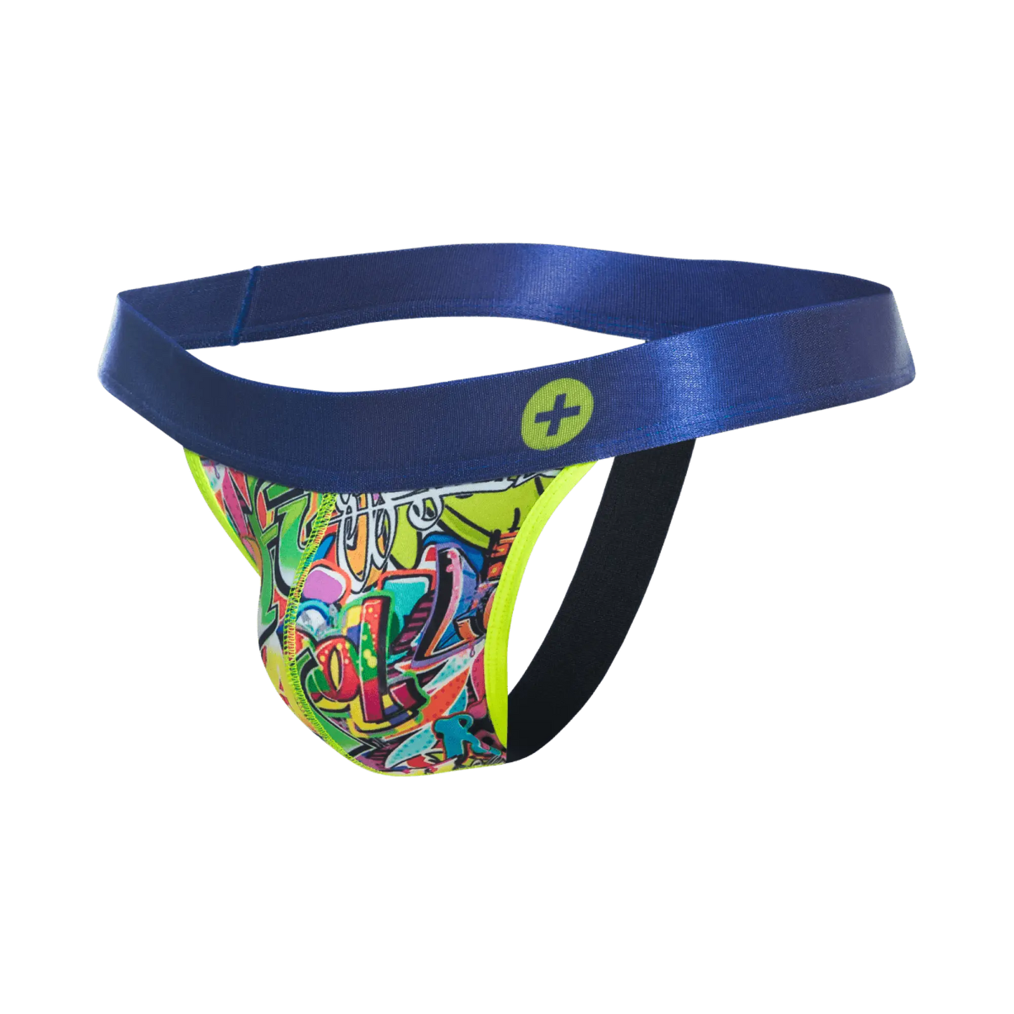 Malebasics hipster jockstrap comics vibrant graffiti patterned briefs with shiny blue waistband and neon yellow trim