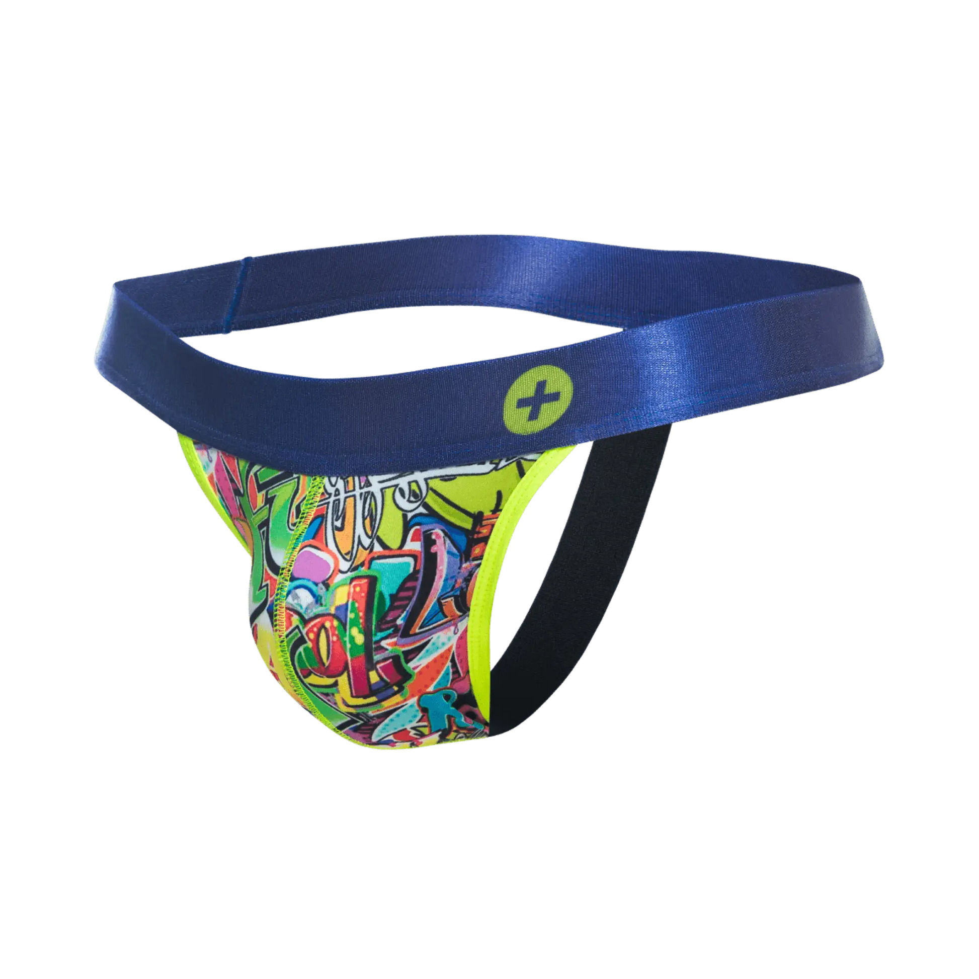 Malebasics hipster jockstrap comics vibrant graffiti patterned briefs with shiny blue waistband and neon yellow trim