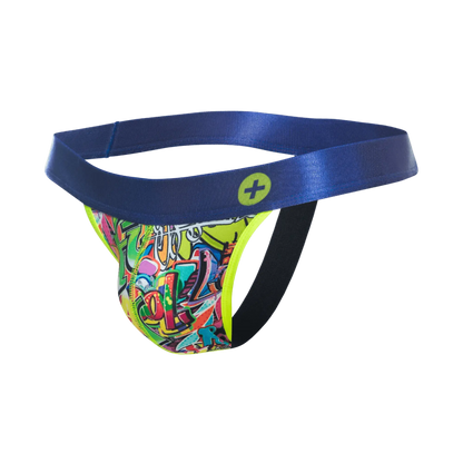 Malebasics hipster jockstrap comics vibrant graffiti patterned briefs with shiny blue waistband and neon yellow trim