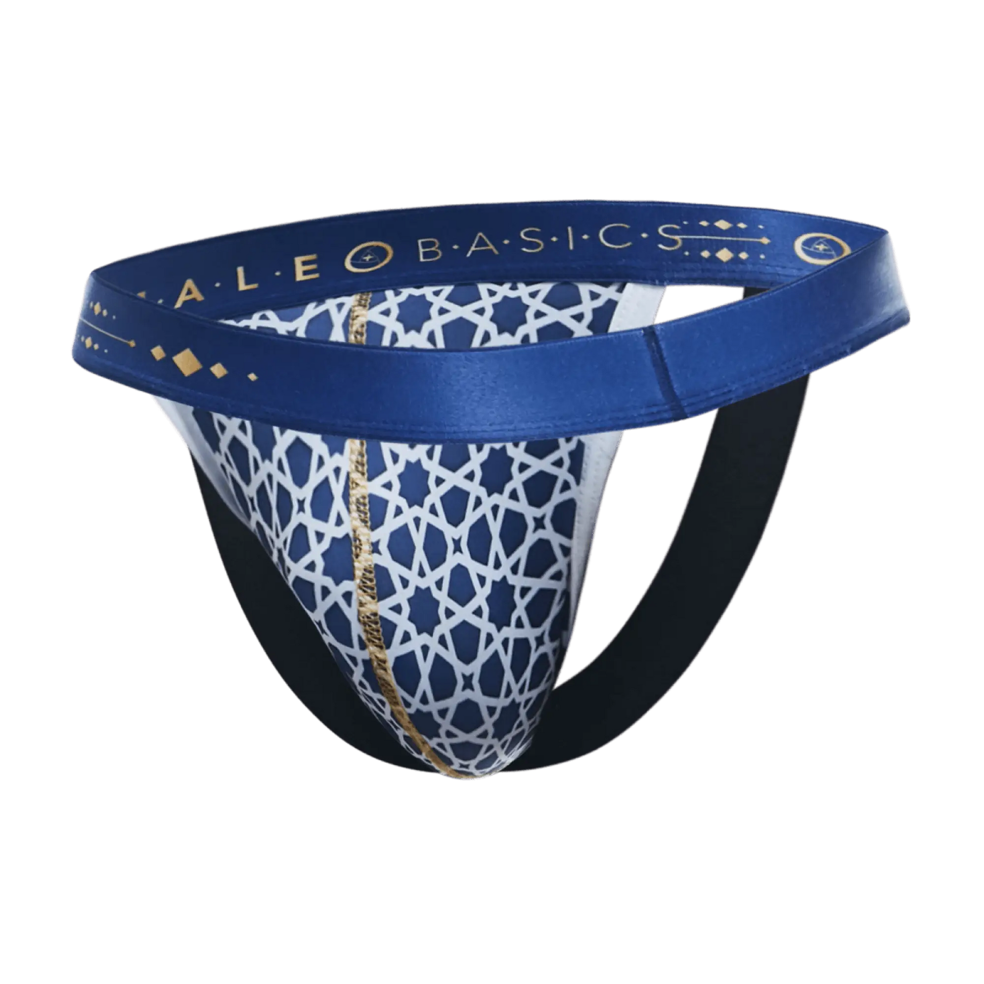 MaleBasics hipster jockstrap comics blue and white patterned briefs with gold trim and geometric design on waistband