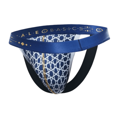 MaleBasics hipster jockstrap comics blue and white patterned briefs with gold trim and geometric design on waistband