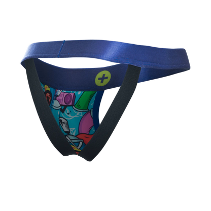 Malebasics hipster jockstrap comics in blue and black with vibrant cartoon-themed graphic print for athletic wear