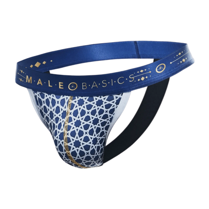 Malebasics hipster jockstrap comics blue and white patterned briefs with gold trim for comfortable everyday wear