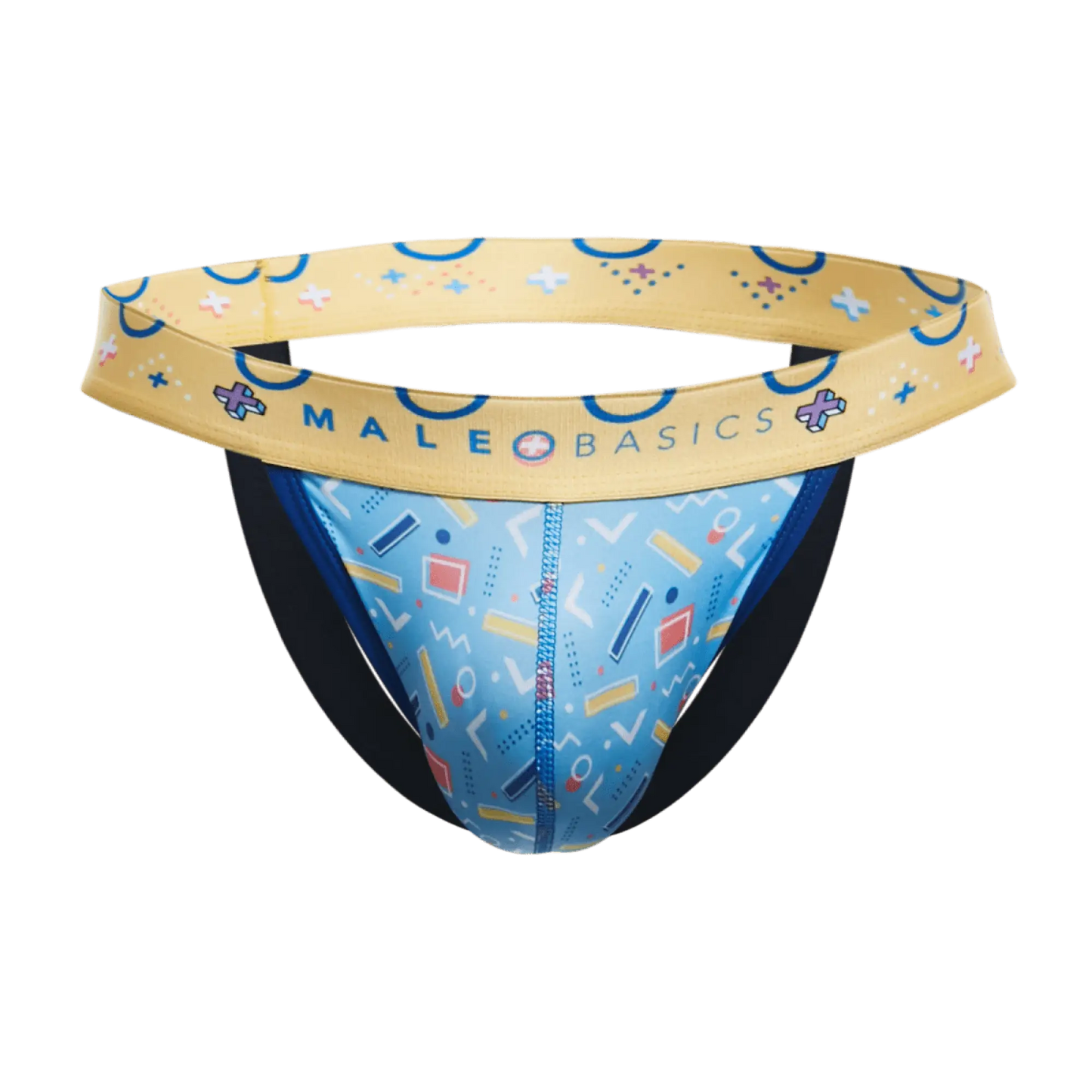 Male basics hipster jockstrap comics featuring blue and yellow geometric patterned athletic briefs for active wear
