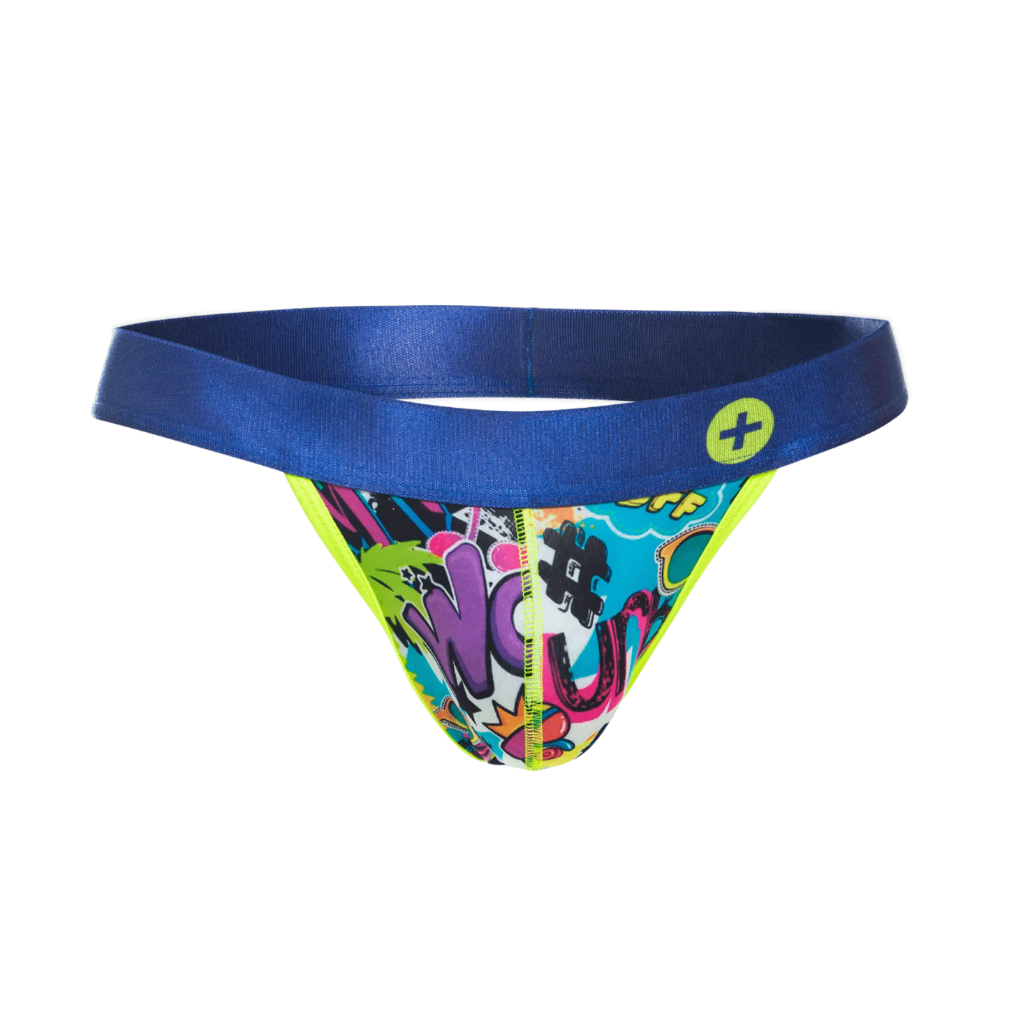 Vibrant comic print malebasics hipster jockstrap thong with solid blue waistband and neon yellow trim