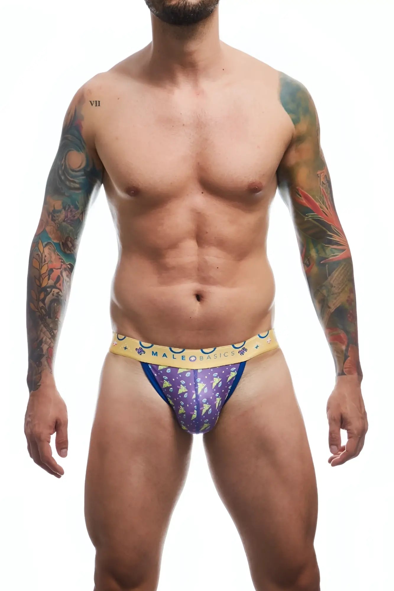 Malebasics hipster jockstrap in purple patterned briefs with yellow waistband featuring male basics brand name
